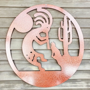 Kokopelli Scene, Metal Art, Sign, Wall Art, Decor, Transparent, Wolf, Cactus, Moon, Blue, Gift, Cocopelli
