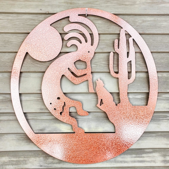 Kokopelli Metal Wall Art, Desert Scene With Wolf & Cactus - Etsy