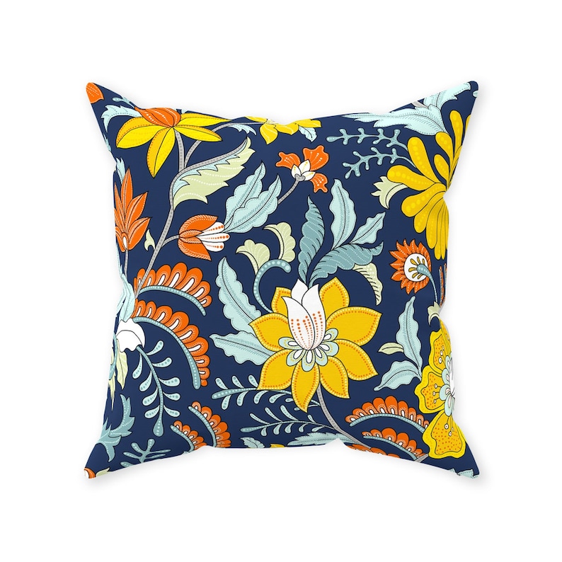 Navy And Yellow Floral Print Linen Style Throw Pillows 20x20 Spring Flower Print Accent Pillow Mothers Day Gift Floral Throw Pillow