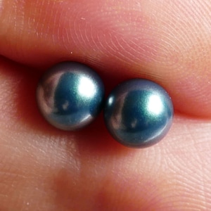 Unalloyed titanium & round ball pearl: 6mm metallic blueish green teal  petrol color stud earrings