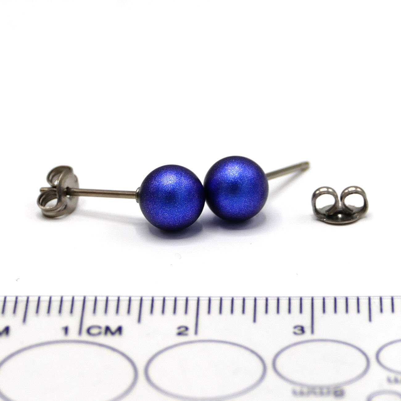 Unalloyed Titanium Round Ball Pearl: 6mm Blue Stud Earrings