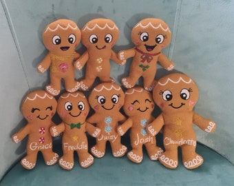 Personalised cute embroidered gingerbread men, various patterns, stocking fillers for christmas