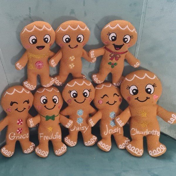 Personalised cute embroidered gingerbread men, various patterns, stocking fillers for christmas