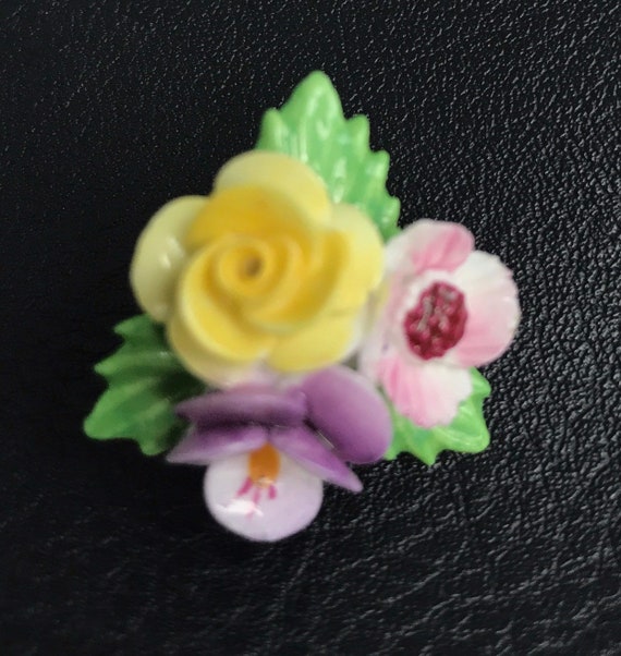 Vintage Handmade  Ceramic Bone China Yellow,Other Lotus Flower Brooch Pin 