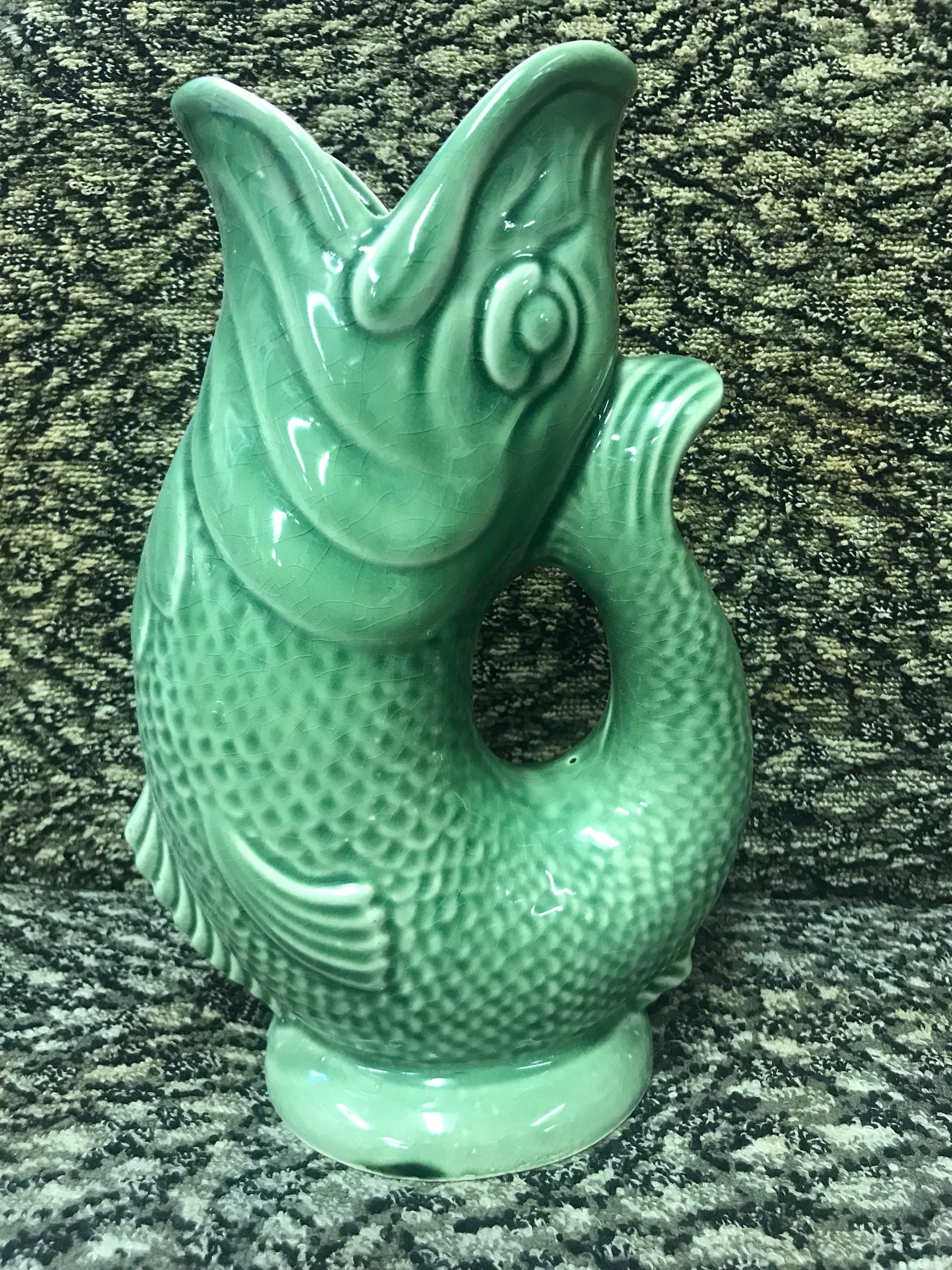 Dartmouth Pottery Gurgle Fish Vase Jug In A Green Glaze
