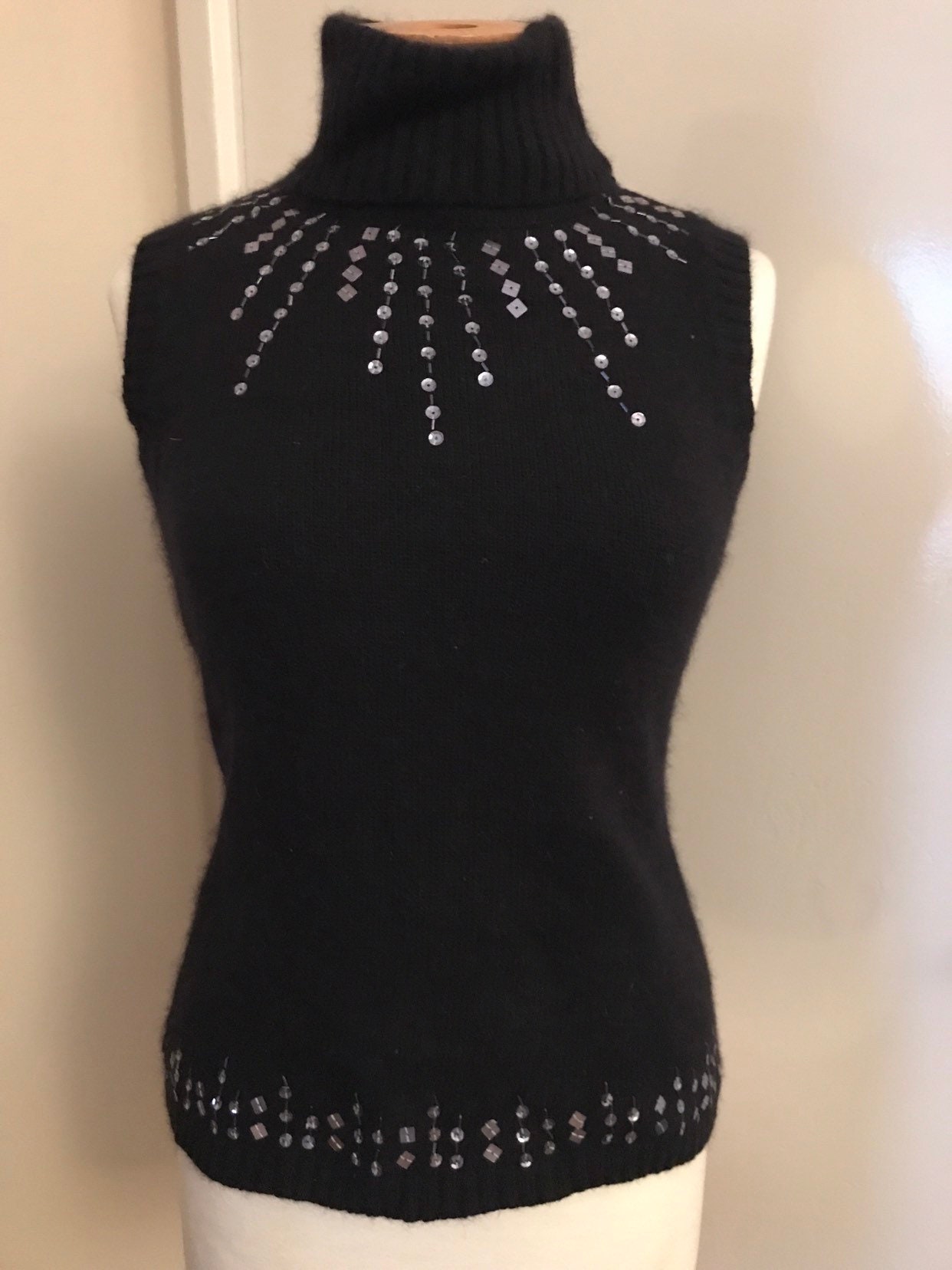 Image of 's Vintage Roll Neck Angora Sleeveless Jumper With Sequins Size -