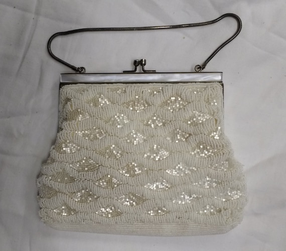 Vintage White Pearlescent Beaded Purse Bag