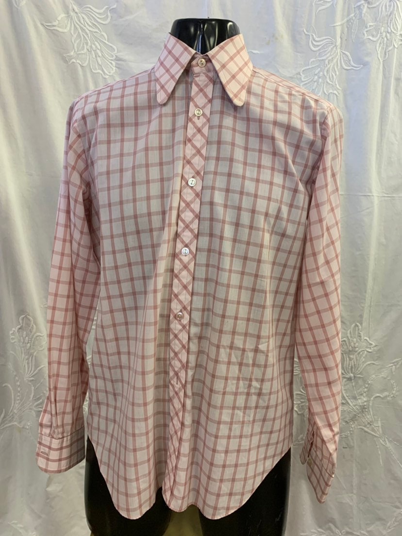 Image of Mens 1970's Vintage Large Collar Check Shirt. 15" Neck