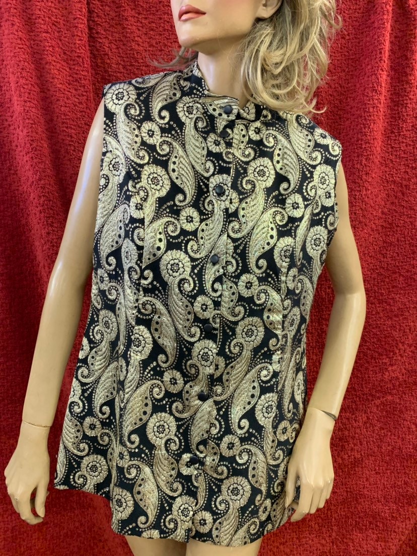 Image of Funky Gold & Black Paisley Print Tunic Top Size -