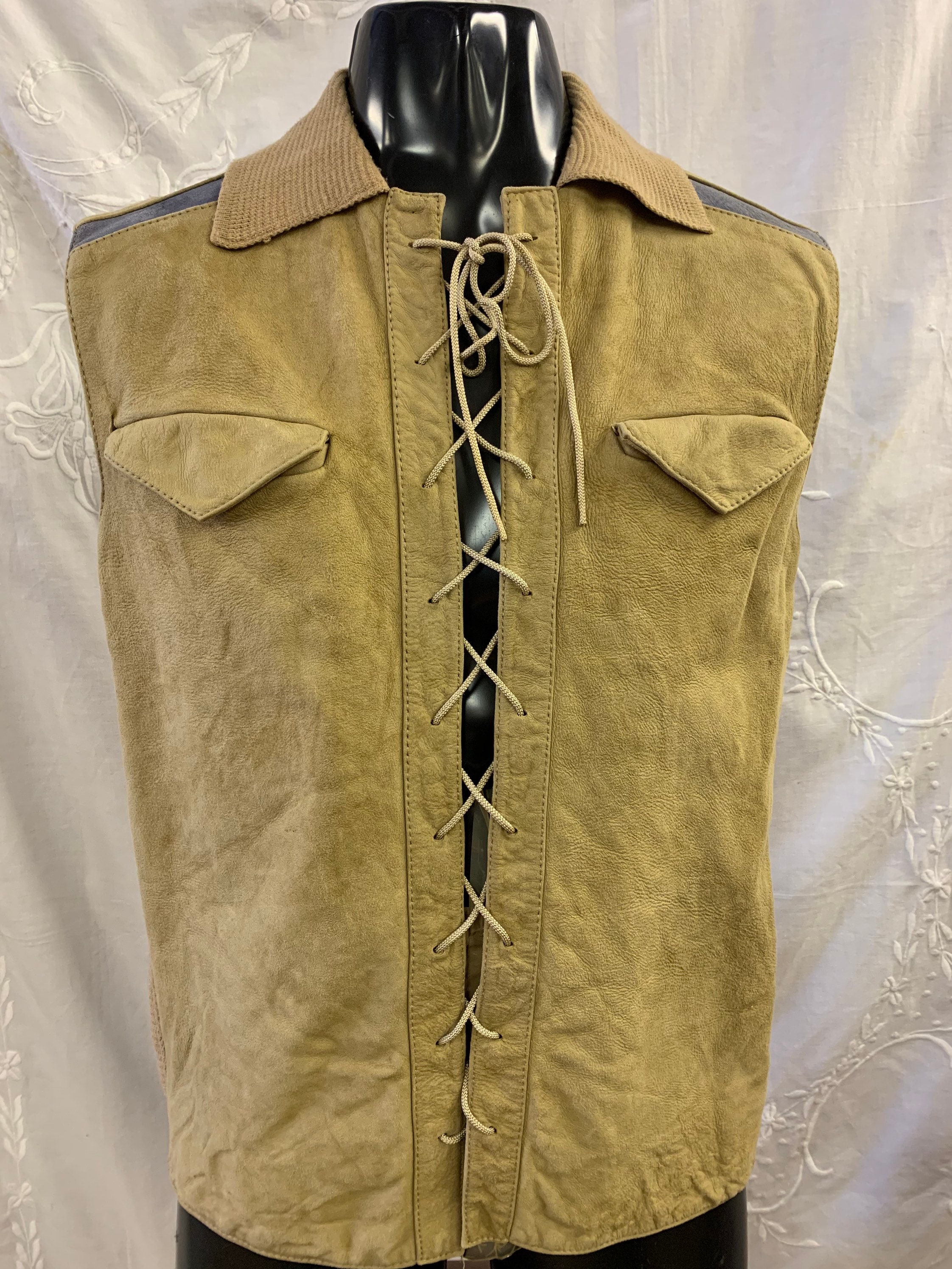 Image of 1960’S Retro Hippie Tie Up Suede & Knitted Top Size Medium To Large