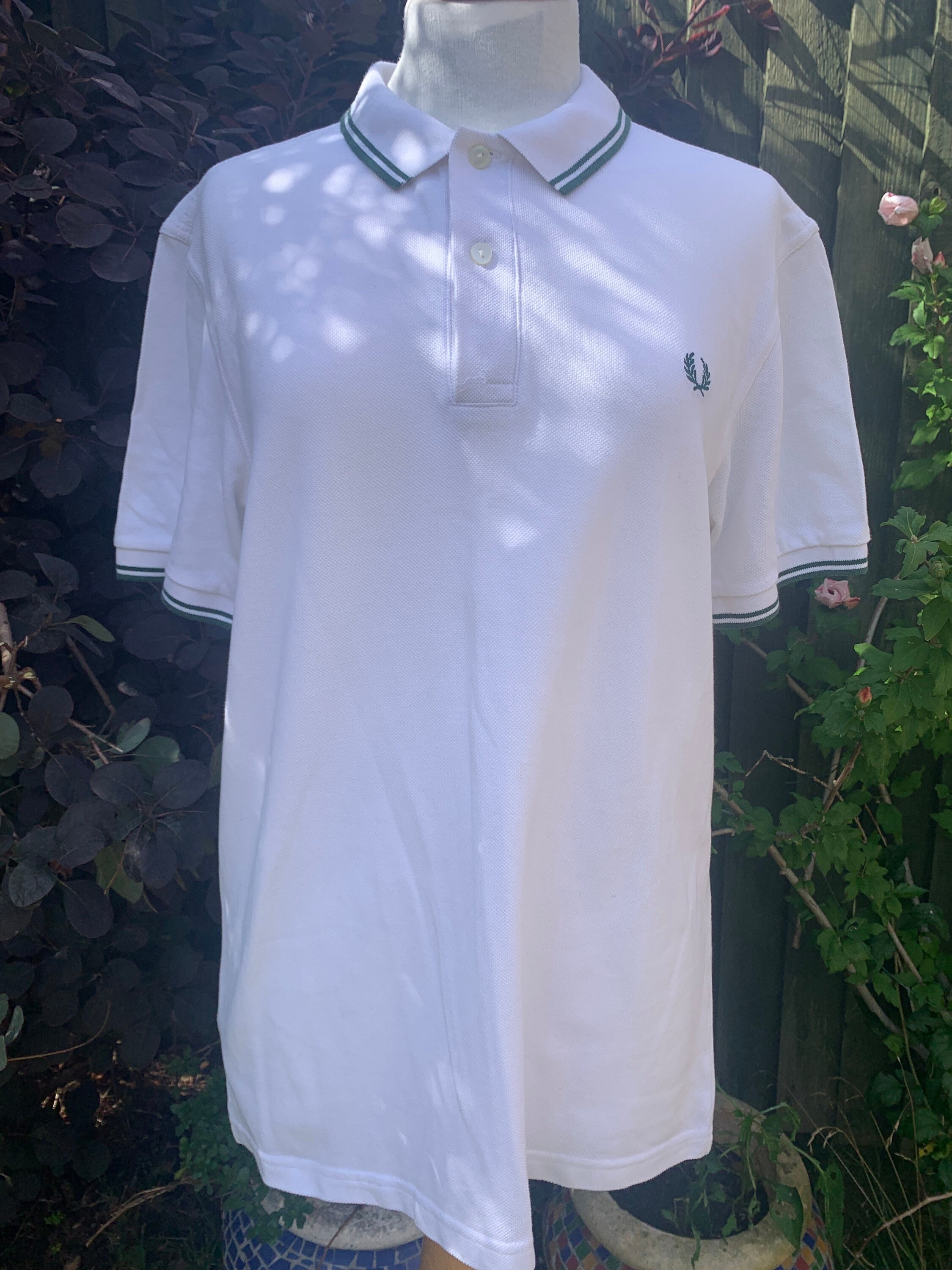Image of Vintage Fred Perry White & Green Polo Shirt, Size Medium