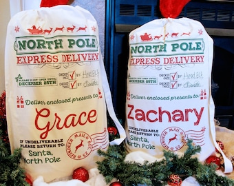 Santa Sack  ® - Large 34"x24" w/ Strap + String Closure - Personalized Santa Sack, Christmas Santa Sack, Santa bag, Add Your Child's Name