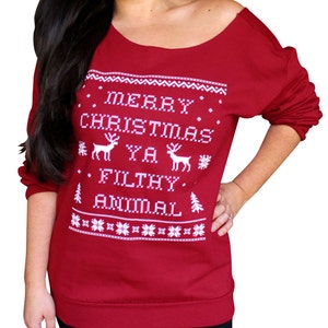 Merry Christmas Ya Filthy Animal Women's Sweatshirt Cutoff Oversized Slouchy Sizes S, M, L, XL, Red Christmas Sweatshirt, Ugly Christmas image 1