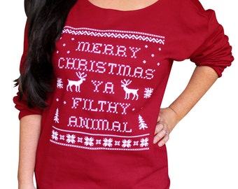 Merry Christmas Ya Filthy Animal - Women's Sweatshirt - Cutoff Oversized Slouchy Sizes S, M, L, XL, Red Christmas Sweatshirt, Ugly Christmas