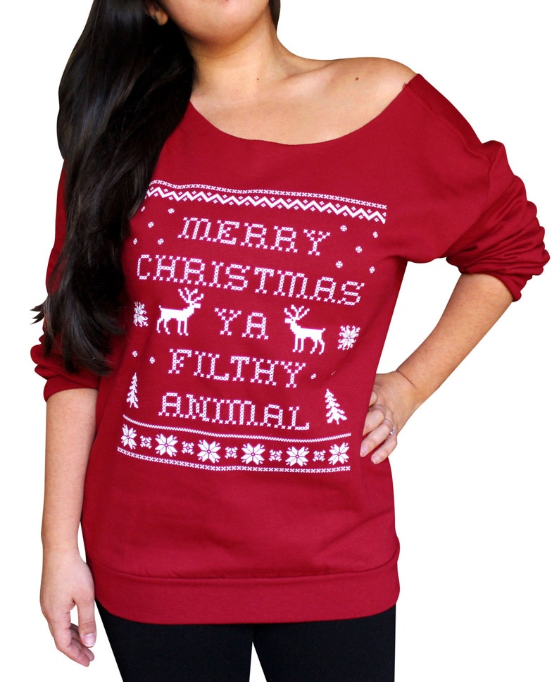 Merry Christmas Ya Filthy Animal Women's Sweatshirt Cutoff Oversized Slouchy Sizes S, M, L, XL, Red Christmas Sweatshirt, Ugly Christmas image 1