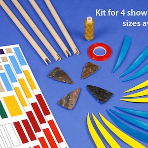 May include: A set of arrow making supplies including four wooden shafts, four arrowheads, four fletching, a spool of thread, a roll of tape, and four sheets of colorful stickers. Kit for 4 shown. Other sizes available.