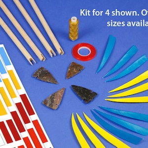 May include: A set of arrow making supplies including four wooden shafts, four arrowheads, four fletching, a spool of thread, a roll of tape, and four sheets of colorful stickers. Kit for 4 shown. Other sizes available.