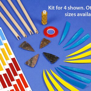 May include: A set of arrow making supplies including four wooden shafts, four arrowheads, four fletching, a spool of thread, a roll of tape, and four sheets of colorful stickers. Kit for 4 shown. Other sizes available.