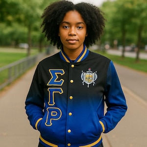 Sigma Gamma Rho Ombre Bomber Jacket – Custom Black & Blue Sorority Jacket for Women, Embroidered  Personalized Made to Order