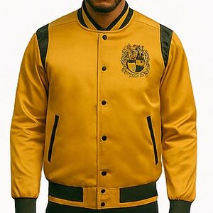 Chaqueta bomber de satén Alpha Phi Alpha con colores de fraternidad, escudo, hecha a medida, tallas estándar o grandes y altas hasta 6XL, opción de personalización