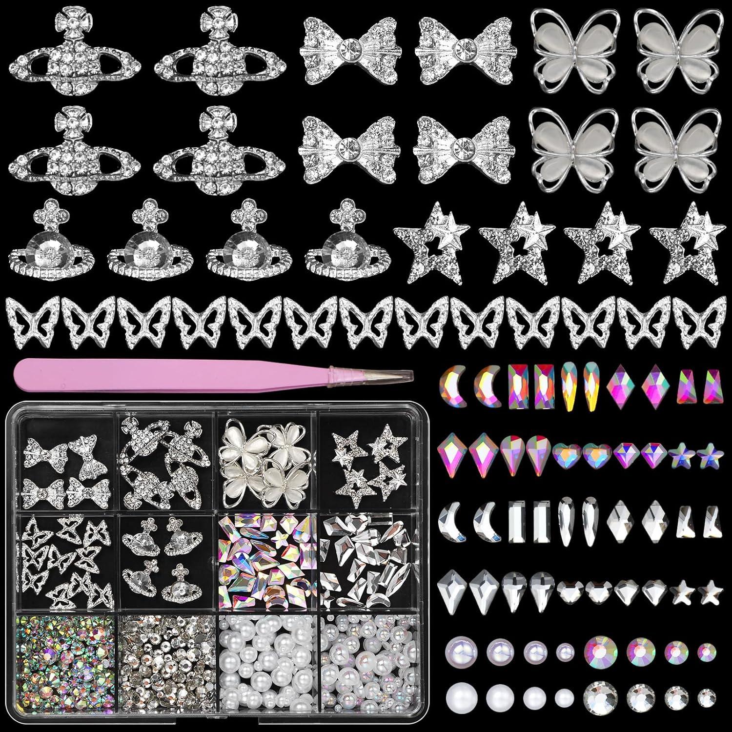 Silver 3D Nail Charms Gems and Nail Rhinestones Set, Bows Planet Stars Butterfly Alloy Nail Jewelry Charms+Ab Color Diamond Nail Gems+Multi