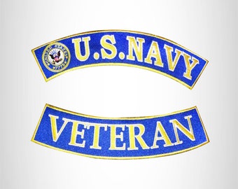 Blue U.s Navy Veteran Iron On 2 Large Back Patches Rockers For Biker Vest jacket