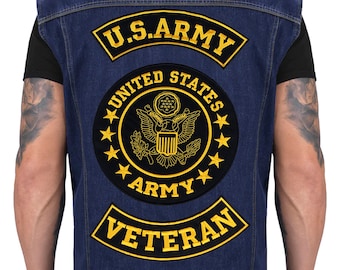 US Army Veteran 3 Patches SET Top & Bottom Rocker Center Back Patch Gold on Black