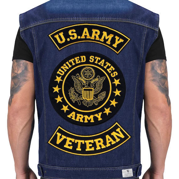 US Army Veteran 3 Patches SET Top & Bottom Rocker Center Back Patch Gold On Black