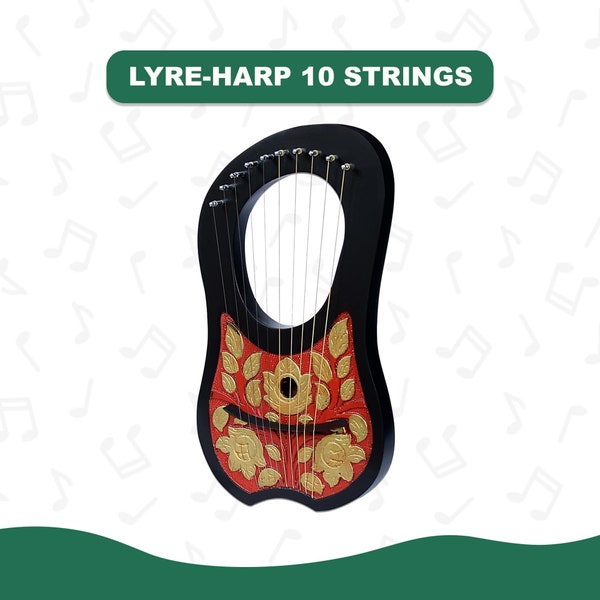 Guitar Strings lyre harp Celtic Irish Red & Gold Flowers design tuning key, Carrying bag 10 Strings