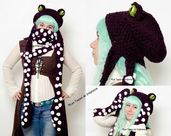 Pieuvre à la fois tuque, foulard et mitaines fait au crochet sur MESURE, bonnet pieuvre, écharpe tentacule, moufle Cthulhu, tuque animal