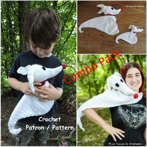 Può includere: Uno schema all'uncinetto per un cane bianco, simile a un fantasma, con accenti rossi. Lo schema include istruzioni per realizzare un piccolo giocattolo di peluche e una versione più grande, indossabile. Lo schema si chiama "Combo Pack" ed è disponibile per l'acquisto.