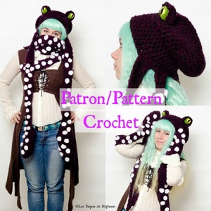 May include: A purple and white crocheted octopus hat and scarf set. The hat has green eyes and the scarf has white polka dots. The text "Patron/Pattern Crochet" is visible in the image.