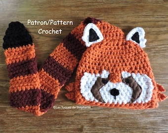 PATRON tuque Panda roux au crochet, la queue sert de foulard, facile à faire, très mignon et pratique, Tuto bonnet panda roux au crochet