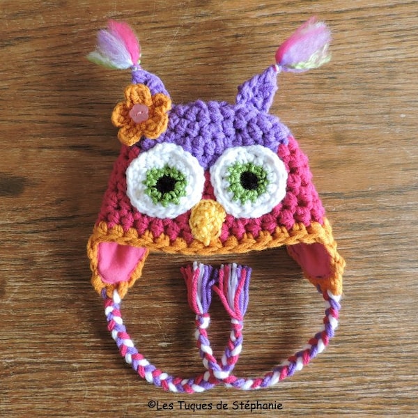 Tuque hibou  DOUBLÉ de micropolar fait au crochet sur MESURE, bonnet hibou animal avec fleur décorative et aigrette poilu pour bébé fille