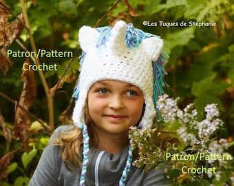 PATRON tuque Licorne au CROCHET, TUTO bonnet licorne animal fantastique, cheval magique patron crochet pour enfant et adulte