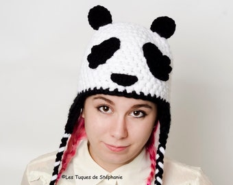 Crocheted panda hat LINED with fleece CUSTOM, earflap panda hat, animal Asia crochet hat