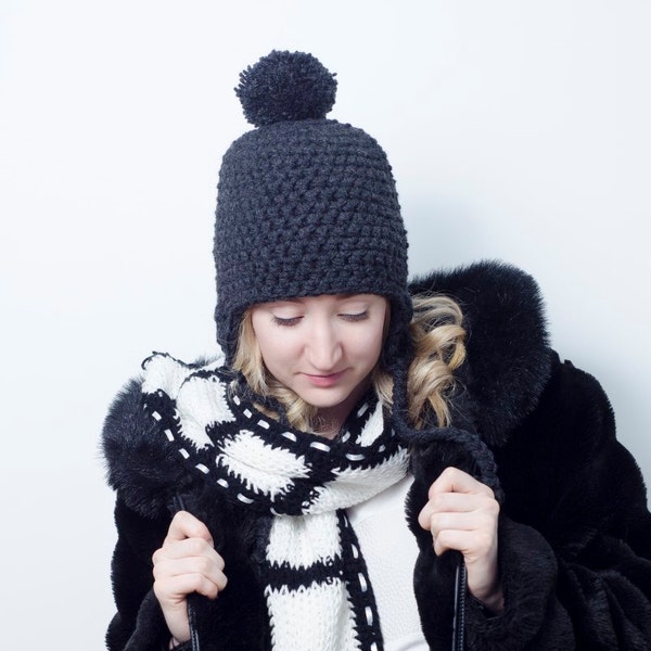 Tuque avec pompon et cache-oreilles DOUBLÉ de micropolar fait au crochet sur MESURE