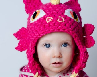 Tuque dragon DOUBLÉ de micropolar fait au crochet sur MESURE, bonnet dragon pour nouveau-né bébé enfant ado adulte