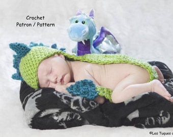 PATRON tuque Bébé Dragon avec queue au CROCHET, TUTO bonnet dragon pour bébé naissant, patron Français Anglais, accessoire pour photographe