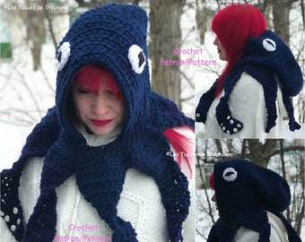 Crochet PATTERN Octopus hood, Squid crochet pattern tentacle, Octopus hat crochet pattern, Steampunk kit for winter