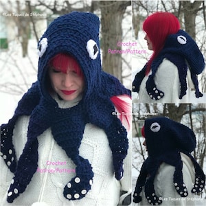 Crochet PATTERN Octopus hood, Squid crochet pattern tentacle, Octopus hat crochet pattern, Steampunk kit for winter