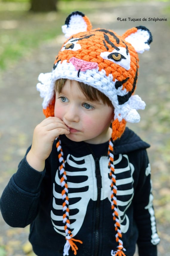 Crocheted Tiger Hat LINED White Fleece 