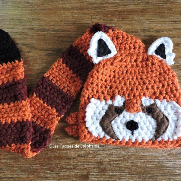 Tuque Panda Roux DOUBLÉ de micropolar avec queue qui sert de foulard fait au crochet sur MESURE, bonnet panda roux avec sa queue en foulard