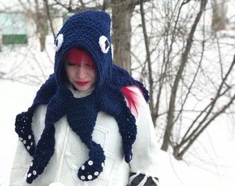 Crocheted Octopus hood CUSTOM, Squid crochet tentacle, Octopus hat crochet, Steampunk kit for winter