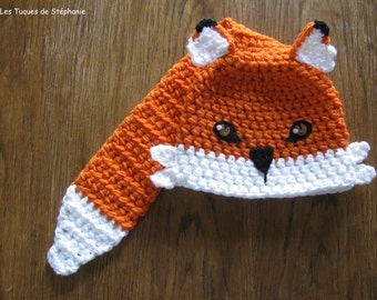 Crocheted Fox hat LINED white fleece and its tail serves as a scarf CUSTOM, fox hat for child, teen ans adult, cute fox hat ans fox scarf