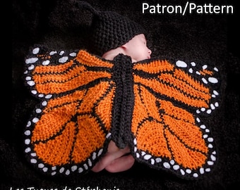 PATRON Papillon Monarque pour nouveau-né au crochet, TUTO au crochet ensemble bébé ailes de papillon, sert aussi de doudou petite couverture