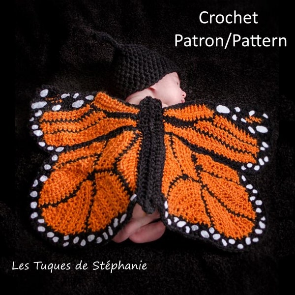 Crochet PATTERN Monarch butterfly for new born, monarch butterfly wings with hat for baby crochet pattern, blanket and hat for photoshoot