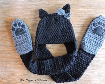 Tuque Chat Foulard Mitaines tout-en-un DOUBLÉ de micropolar fait au crochet sur MESURE, bonnet oreilles de chat avec jolie boucle et pattes