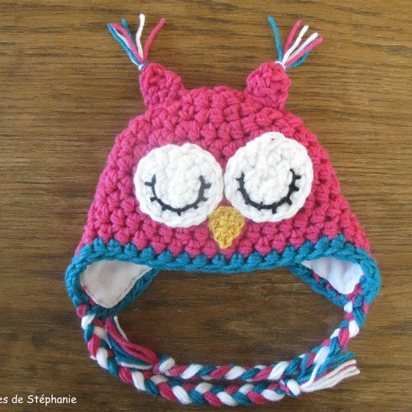 Tuque hibou qui dort DOUBLÉ de micropolar fait au crochet sur MESURE, accessoire photo nouveau-né bébé enfant adulte bonnet d'hiver animal