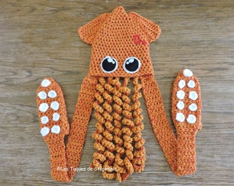 Squid hat, scarf and mittens LINED with fleece CUSTOM crocheted, tentacle scarf, octopus animal hat